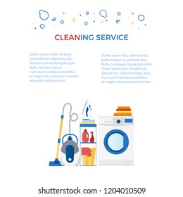 Website header vector template with logo for cleaning service isolated on white: household appliances and accessories for cleaning: iron, washing machine, ironing board.