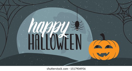 Website headers or banner for halloween illustration. Full moon, pumpkin, spider and happy Halloween lettering. Can be used for web, poster, greeting card, decoration, invitation. Vector illustration