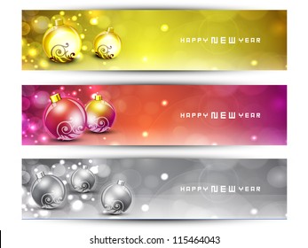 Website headers or banners with decorative Xmas balls on snow flakes. EPS 10.