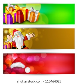 Website headers or banners with gift boxes, Santa Clause and Santa Hat on snowflakes. EPS 10.