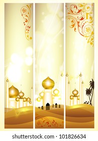 Website headers or banners with golden Mosque or Masjid with floral elegant design. EPS 10. Vector illustration.