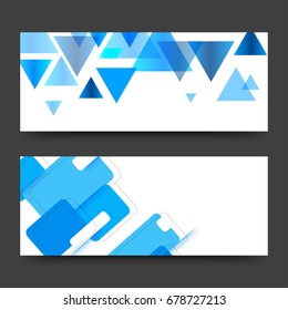 Cabeceras o banners de sitios web establecidos con elementos geométricos abstractos azules.
