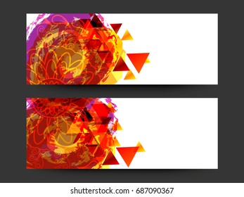 Website headers or banners set with colorful abstract floral design and geometric triangles.