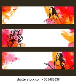 Website headers or banners set with illustration of young girls in different pose on abstract watercolor background.
