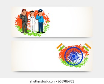Website headers or banners set with Saluting Army Officers and Ashoka Wheel on splash for Indian Independence Day.