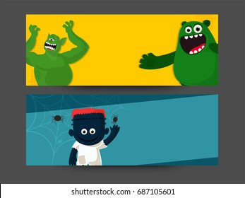 Website headers or banners set with scary monsters for Halloween celebration.
