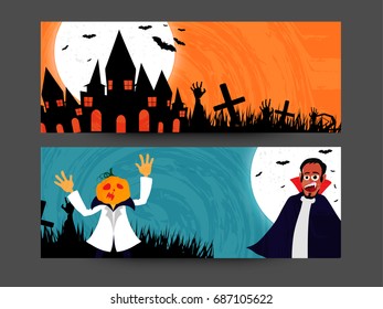 Cabeceras o banderas de sitios web ambientadas con casas aterradoras y vampiros para la celebración de Halloween Feliz.