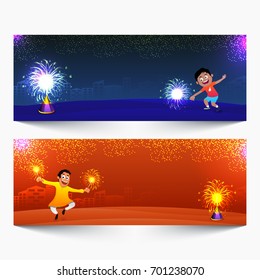 Website headers with illustration of cute kids enjoying firecrackers on occasion of Happy Diwali.