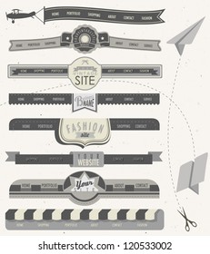 Website headers and navigation elements in vintage style. Retro web design and paper airplanes.