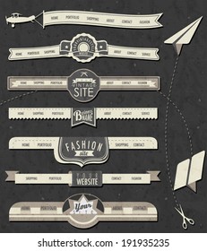Website headers and navigation elements in vintage style. Retro web design and paper airplanes.
