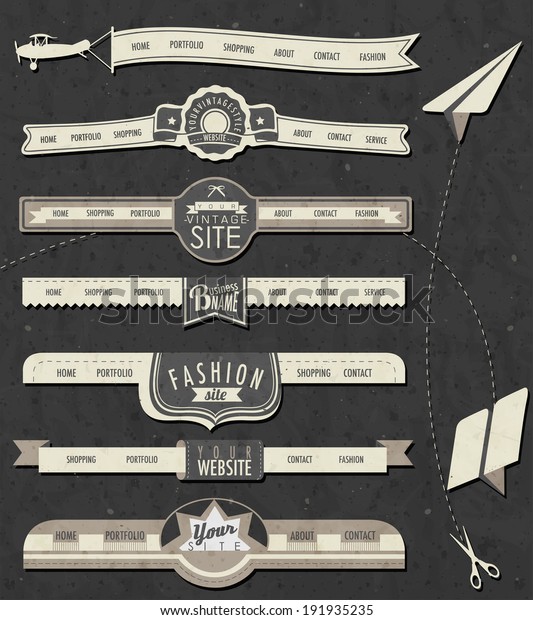 Website headers and navigation\
elements in vintage style. Retro web design and paper\
airplanes.