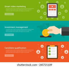 Website Headers or Promotion Banners Templates and Flat Icons Design. Smart video marketing tablet computer, Investment Money Management, Candidate qualification, job interview. Vector Illustration. 