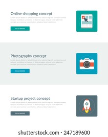 Website Headers or Promotion Banners Templates and Flat Icons Design. Online shopping arrow click to buy, Photography photo camera, Startup project rocket. Vector Illustration. 