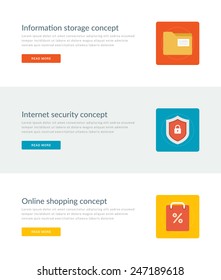 Website Headers or Promotion Banners Templates and Flat Icons Design. Information storage data folder, Internet security shield, Online shopping bag and percent symbol. Vector Illustration. 
