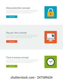 Website Headers or Promotion Banners Templates and Flat Icons Design. Data protection lock, Pay per click web site and hand finger pointer, Time is money clock. Vector Illustration. 
