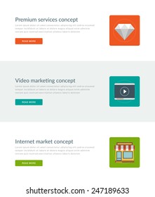 Website Headers or Promotion Banners Templates and Flat Icons Design. Premium service diamond, Video marketing, Internet market shop building. Vector Illustration. 