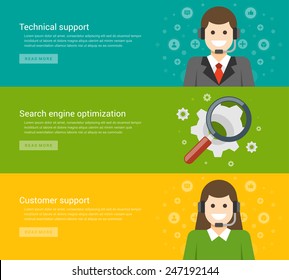 Website Headers or Promotion Banners Templates and Flat Icons Design. Technical support manager man, Search engine optimization, Customer support consultant woman. Vector Illustration. 