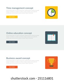 Website Headers or Promotion Banners Templates and Flat Icons Design. Time management clock, On-line education book, Business award gold trophy cup. Vector Illustration. 