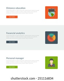 Website Headers or Promotion Banners Templates and Flat Icons Design. Distance education globe, Financial analytics chart, Personal manager. Vector Illustration. 