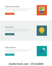 Website Headers or Promotion Banners Templates and Flat Icons Design. Payment terminal, First place medal, Data transfer. Vector Illustration. 