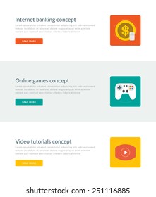 Website Headers or Promotion Banners Templates and Flat Icons Design. Internet banking money, On-line games game pad, Video tutorials play button. Vector Illustration. 