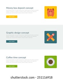 Website Headers or Promotion Banners Templates and Flat Icons Design. Money box deposit piggy bank, Graphic design tools, Coffee time. Vector Illustration. 