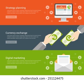 Website Headers or Promotion Banners Templates and Flat Icons Strategy planning computer screen, Currency exchange hands hold money, Digital marketing E-mail envelope. Vector Illustration. 