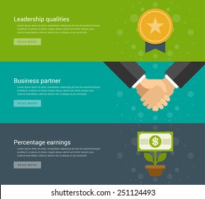 Website Headers or Promotion Banners Templates and Flat Icons Design. Leadership qualities gold medal awards, Business partner handshake, Percentage earnings money flower growth. Vector Illustration. 