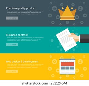 Website Headers or Promotion Banners Templates and Flat Icons Design. Premium quality product crown, Business contract hand hold document, web design and development. Vector Illustration. 