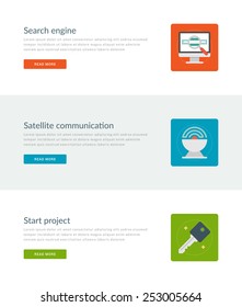 Website Headers or Promotion Banners Templates and Flat Icons Design. Search engine, Satellite antenna signal, Start project key. Vector Illustration. 