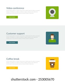 Website Headers or Promotion Banners Templates and Flat Icons Design. Conference video camera, Customer support consultant man, Coffee break. Vector Illustration. 