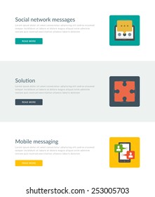 Website Headers or Promotion Banners Templates and Flat Icons Design. Social network message, Solution puzzle, Mobile messaging smart phone and speech bubbles. Vector Illustration. 