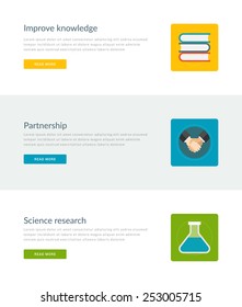 Website Headers or Promotion Banners Templates and Flat Icons Design. Improve knowledge books, Partnership handshake, Science research. Vector Illustration. 