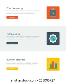 Website Headers or Promotion Banners Templates and Flat Icons Design. Effective energy battery, Technologies gear and globe, Business statistics graph. Vector Illustration. 