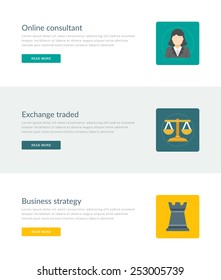 Website Headers or Promotion Banners Templates and Flat Icons Design. On-line consultant manager, Exchange traded scales, Business strategy chess tower. Vector Illustration. 