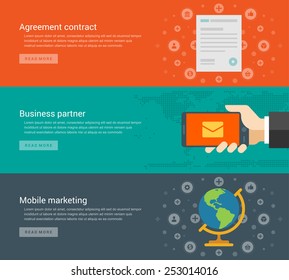 Website Headers or Promotion Banners Templates and Flat Icons Design. Agreement contract document, E-mail marketing han holding smart phone, Global business. Vector Illustration. 