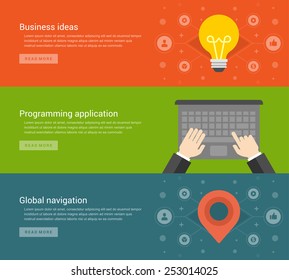 Website Headers or Promotion Banners Templates and Flat Icons Design. Business creative ideas lamp, Hands and laptop programming application, Global navigation. Vector Illustration. 