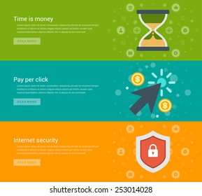 Website Headers or Promotion Banners Templates and Flat Icons Design. Time is money clock, Pay per click cursor arrow, Internet security shield protection. Vector Illustration. 