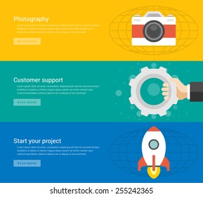 Website Headers or Promotion Banners Templates and Flat Icons Design. Photography photo camera, Customer support, Start up project. Vector Illustration. 