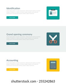 Website Headers or Promotion Banners Templates and Flat Icons Design. User identification, Grand opening ceremony scissors, Accounting calculator. Vector Illustration. 