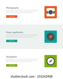 Website Headers or Promotion Banners Templates and Flat Icons Design. Photography camera icon, Music application, Navigation compass. Vector Illustration. 
