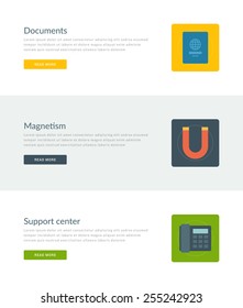 Website Headers or Promotion Banners Templates and Flat Icons Design. Passport document, Magnetism, Support center telephone. Vector Illustration. 