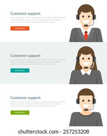 Website Headers or Promotion Banners Templates and Flat Icons Design. Customer support people character center telephone consultant or personal manager. Vector Illustration. 