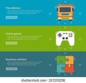 Website Headers or Promotion Banners Templates and Flat Icons Design. Free  truck, On-line games, Business solution. Vector Illustration. 