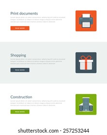 Website Headers or Promotion Banners Templates and Flat Icons Design. Print documents, Shopping, Building construction. Vector Illustration. 
