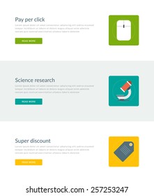 Website Headers or Promotion Banners Templates and Flat Icons Design. Pay per click, Science research, Super discount. Vector Illustration. 