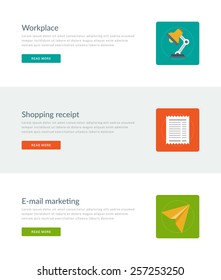 Website Headers or Promotion Banners Templates and Flat Icons Design. Workplace, Shopping receipt, E-mail marketing. Vector Illustration. 
