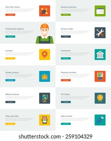 Website Headers or Promotion Banners Templates and Flat Icons Design. Business planning calendar, Service center tools, Investment building. Vector Illustration. 