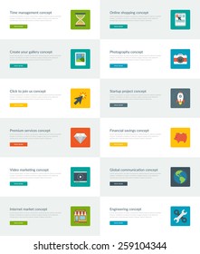 Website Headers or Promotion Banners Templates and Flat Icons Design. Online shopping arrow click to buy, Photography photo camera, Startup project rocket. Vector Illustration. 
