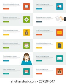Website Headers or Promotion Banners Templates and Flat Icons Design. Online Communication Laptop, Customer Service Gear, Percentage Earning Money Bag. Vector Illustration. 